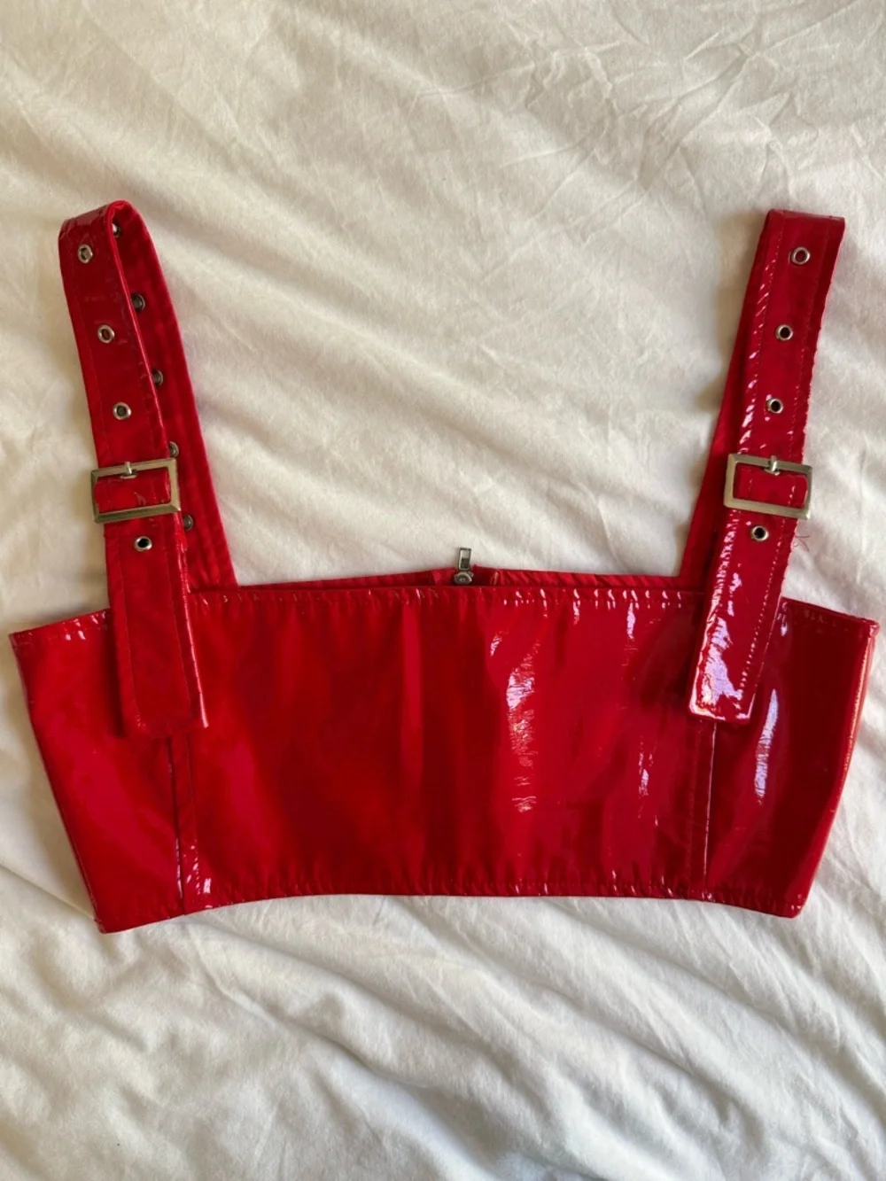 Red Patent Leather Corset Crop Top Buckle Strap Vinyl Bustier M - Picture 2 of 8